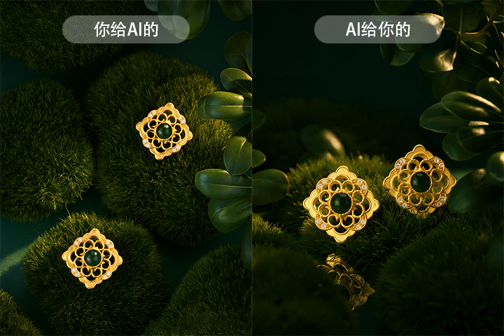 AI 珠宝场景图裂变案例，方形黄金首饰原图 AI 裂变氛围感商业珠宝摄影图对比